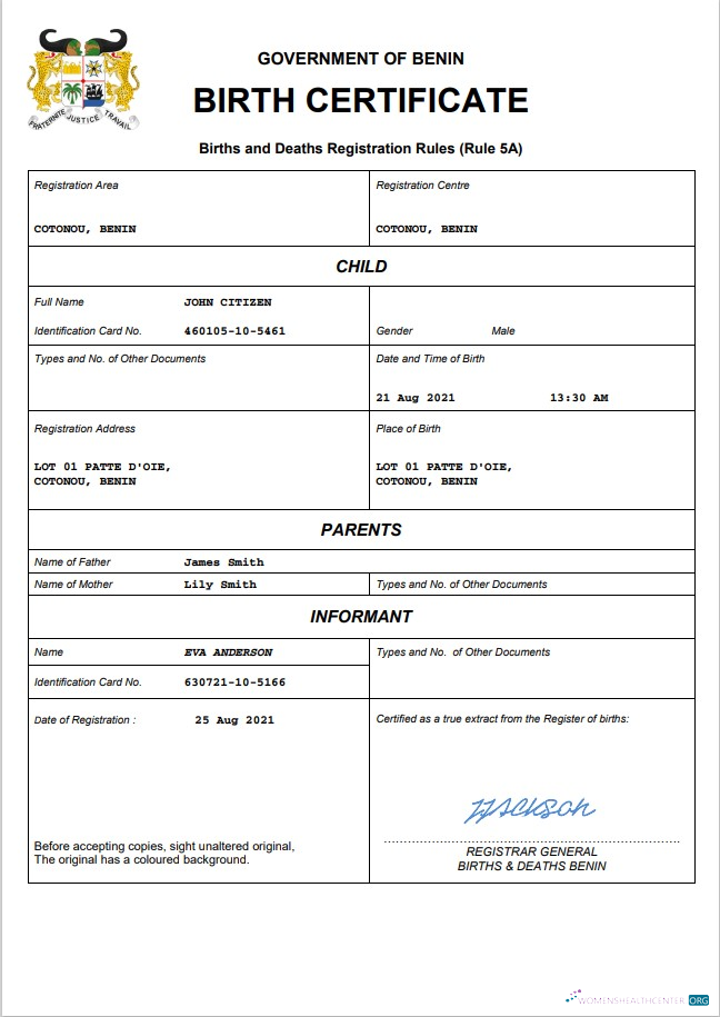 Download Benin birth certificate Word and PDF template Photoshop template
